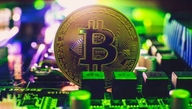 Blockchain technology bitcoin mining concept. Bitcoin golden coin on computer circuit board. banner copy space