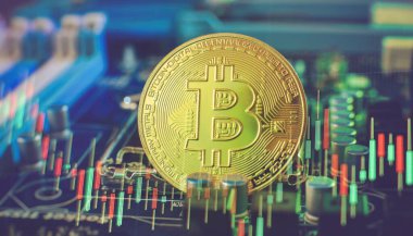 Blockchain technology bitcoin mining concept. Bitcoin golden coin on computer circuit board. banner copy space