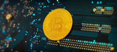 Bitcoin cryptocurrency new version on computer electronic circuit board background . Virtual cryptocurrency money Bitcoin golden
