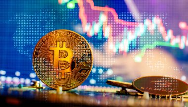 Bitcoin cryptocurrency new version on computer electronic circuit board background . Virtual cryptocurrency money Bitcoin golden