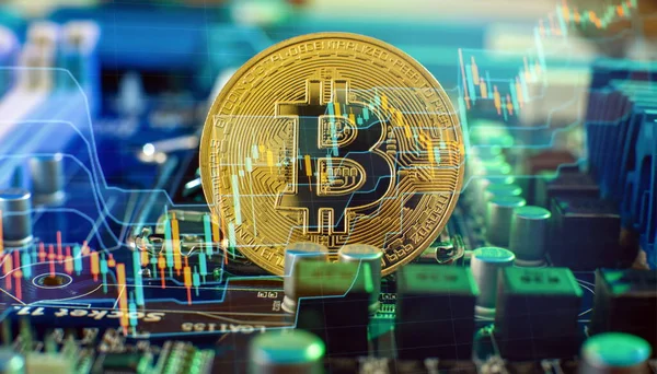 Blockchain Technology Bitcoin Mining Concept Bitcoin Golden Coin Computer Circuit — Fotografia de Stock