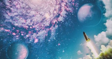 Roketler yıldızlı gökyüzünde uzaya fırlatılıyor. Uzay aracı duman bulutlarıyla uzaya uçar. Bu görüntünün elementleri NASA tarafından desteklenmektedir