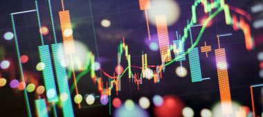 Düşen borsa, koronavirüs borsaları, bilgisayar monitöründeki profesyonel teknik analiz analizleri.