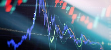 Düşen borsa, koronavirüs borsaları, bilgisayar monitöründeki profesyonel teknik analiz analizleri.