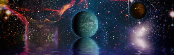 惑星達は 彼等の美しさを示す宇宙から水に反射しました 非常に詳細な画像 Nasaが提供するこの画像の要素 — ストック写真