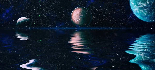 Hermoso Planeta Espacial Inusual Espacio Reflejado Agua Galaxia Estrellas Cielo —  Fotos de Stock