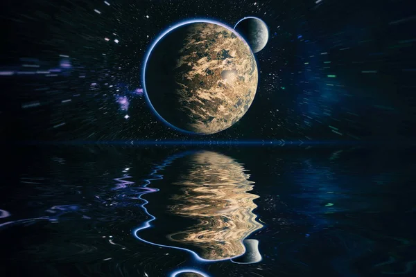 Schöner Ungewöhnlicher Weltraumplanet All Der Sich Wasser Reflektiert Galaxiensterne Nachthimmel — Stockfoto