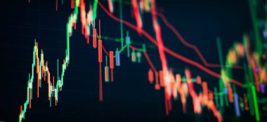 Teknik fiyat grafiği ve göstergesi, mavi temalı ekranda kırmızı ve yeşil şamdan şeması