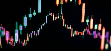 Candle stick graph chart with indicator showing bullish point or bearish point, up trend or down trend clipart