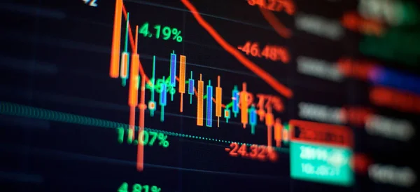 Teknik Fiyat Grafiği Göstergesi Mavi Temalı Ekranda Kırmızı Yeşil Şamdan — Stok fotoğraf