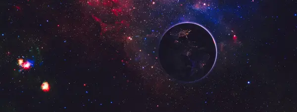 Earth from space. Earth globe with stars and nebula background. Earth, Galaxy and Sun from space. Blue Sunrise.
