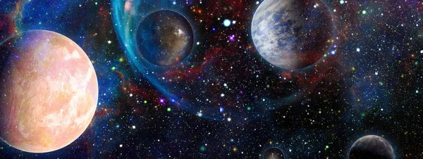 自由空間にある惑星と銀河の星 明るい星の星雲 遠くの銀河 要旨画像 — ストック写真