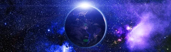 Earth from space. Earth globe with stars and nebula background. Earth, Galaxy and Sun from space. Blue Sunrise.