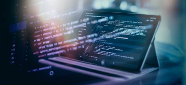 Defter, yakın plan fotoğraf. CSS, JavaScript ve HTML kullanımı. Fonksiyon kaynak kodunu kapat. Bilgi teknolojisinin soyut arkaplanı.