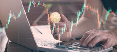 Çizelgesi ve bitcoin olan bir dizüstü bilgisayar. Kripto altın madeni para, borsa grafiği