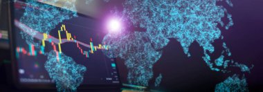 Teknik fiyat grafiği ve göstergesi, mavi temalı ekranda kırmızı ve yeşil şamdan şeması