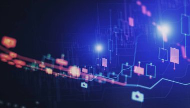 Bir bilgisayarın monitöründeki profesyonel teknik analiz için hacim analizi de dahil olmak üzere çeşitli göstergelere sahip mali araçlar.