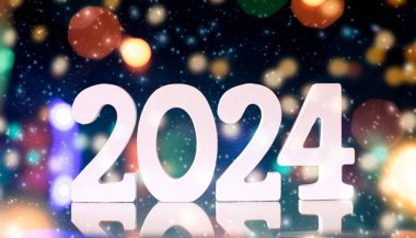 Yeni yıl arifesi 2024 Kutlama arkaplanı. Noel ışıkları arka planda. Tatil kartpostalı. Mutlu yıllar.