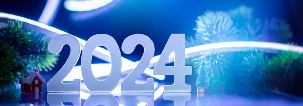 Carte De Vœux Du Nouvel An 2024 Avec Date Et Ruban Sur Fond Noir