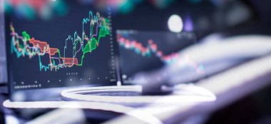 Bir bilgisayarın monitöründeki profesyonel teknik analiz analizi. Temel ve teknik analiz