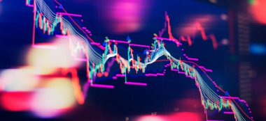 Düşen borsa, koronavirüs borsaları, bilgisayar monitöründeki profesyonel teknik analiz analizleri.