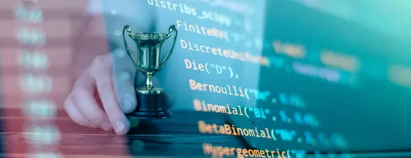 stock image Businessman is using a laptop and holding a golden trophy. How to be the best software