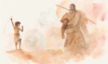 Davut ve Goliath 'ın büyüleyici suluboyası, cesaretin ve inancın zorluklara karşı zaferini gösteriyor..