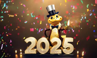 Büyüleyici yılan, konfeti arka planında 2025 yılını temsil ediyor..