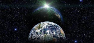 Dünya ve galaksiler uzayda. Tasarım fantezisi. Mavi Gün Doğumu.