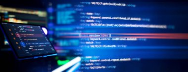 Dizüstü bilgisayara programlama kodu yazıyorum. Yazılım kaynak kodu. Programlama kodu.
