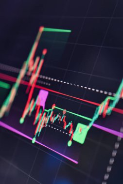 Teknik şablonlar, trendler ve görünür bir çıkış sinyali içeren bir şamdan şemasını gösteren bir mali ticaret ekranının yakın çekimi.