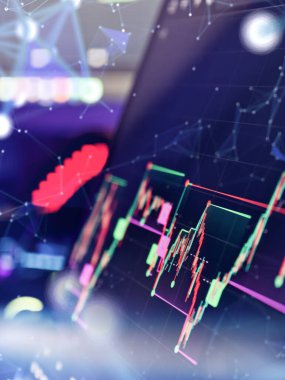 Modern finansal teknolojiyi temsil eden soyut engelleme zinciri ve ağ grafikleriyle dijital ekranda bir ticaret şamdanı grafiğinin yakın plan görüntüsü.