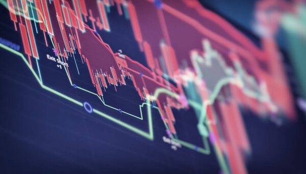 Крупный план финансовой торговой схемы с подсвечниками и индикаторами, показывающими падение рынка, а затем бычий разворот.