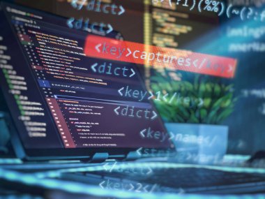 Bir dizüstü bilgisayar ekranında görünür Python koduna sahip programlama kurulumu, yarı saydam XML biçimlemesi ve modern ofis masa elemanları ile örtülmüş.