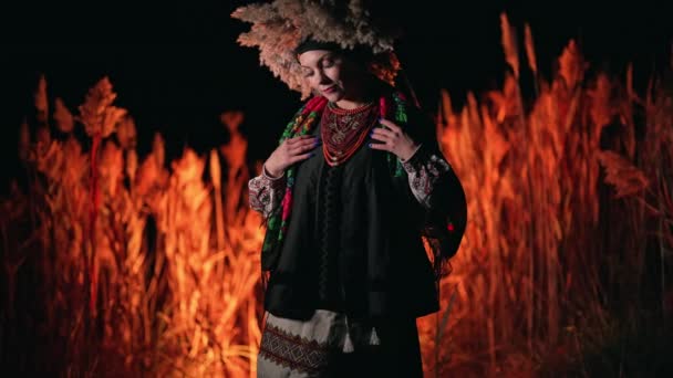 Ukraińska Kobieta Pozuje Tradycyjnym Stroju Trzciny Nocy Dama Autentycznej Sukience — Wideo stockowe