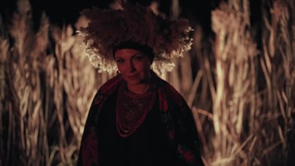 Ukraińska Etniczna Kobieta Tradycyjnym Stroju Trzciny Nocy Tajemnicza Dziewczyna Wieńcem — Wideo stockowe