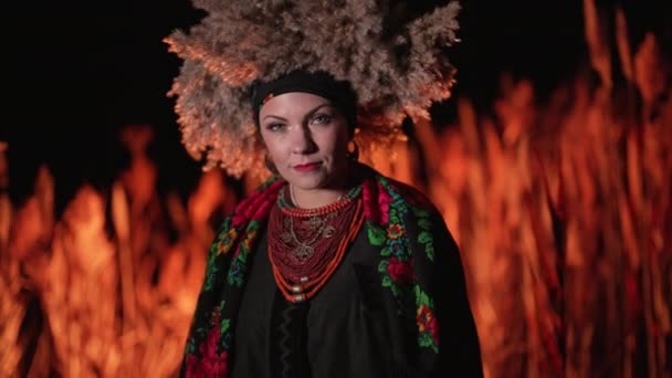Українська Етнічна Жінка Традиційному Одязі Очереті Вночі Загадкова Дівчина Вінцем — стокове відео