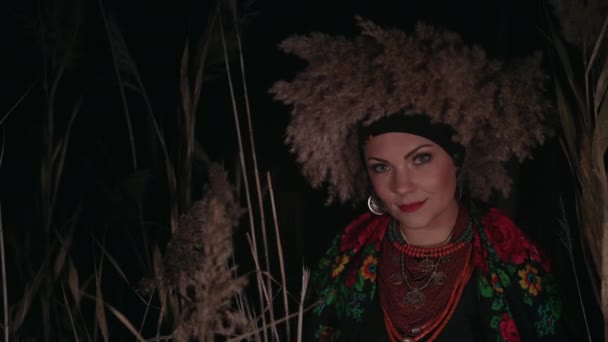 ウクライナの魔女 夜に葦の花輪を持つ伝統的な衣装の女性 民族衣装の女性 Vyshyvanka 古代の魔法 自然の力 高品質4K映像 — ストック動画