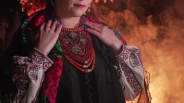 Demonstrating traditional antique jewelry necklace. National costume of Ukraine. Ukrainian woman in legacy ancient coral beads, Zgarda - archaic hutsul neck ornament of status religious purpose. 4k