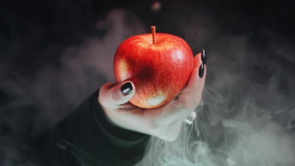 魔女としての女性は誘惑 毒の象徴として赤いリンゴを提供しています おとぎ話 白い雪のウィザードの概念 不気味なハロウィン コスプレ 煙の背景 高品質の写真 — ストック動画