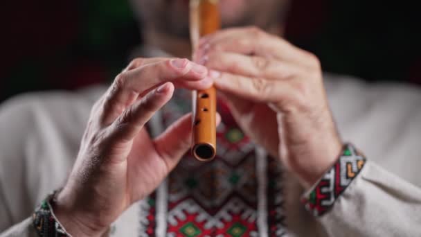 Hands Man Playing Woodwind Wooden Flute Ukrainian Sopilka Dark Background — Stock Video
