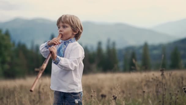 小男孩在喀尔巴阡山的草地上吹奏木管乐器 乌克兰语大提琴 民谣音乐概念 穿着传统绣花衬衫的孩子 高质量的4K镜头 — 图库视频影像
