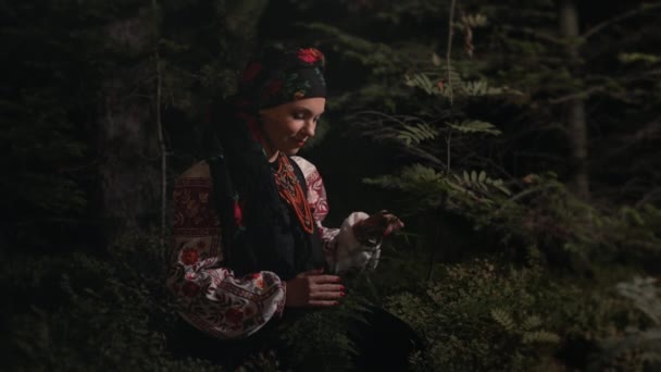 Bruxa Recolhe Ervas Samambaias Noite Floresta Das Montanhas Dos Cárpatos — Vídeo de Stock
