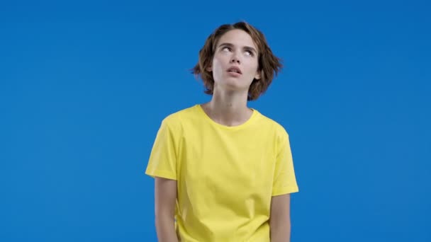 Tired Upset Woman Rolling Eyes Sighs Blue Background Pretty Lady — Stock Video