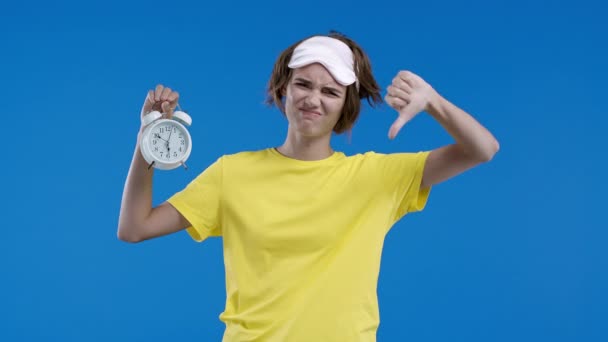 Woken Alarm Clock Sleepy Woman Holding Hand Blue Background Early — Stock Video