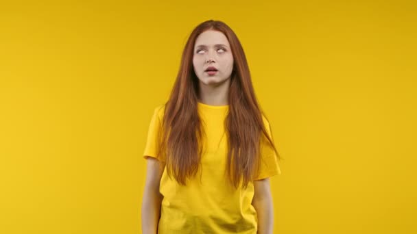 Bored Upset Woman Sighs Yellow Background Pretty Lady Displeasure She — Stock Video
