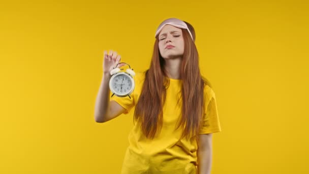 Woken Alarm Clock Sleepy Woman Holding Hand Yellow Background Early — Stock Video