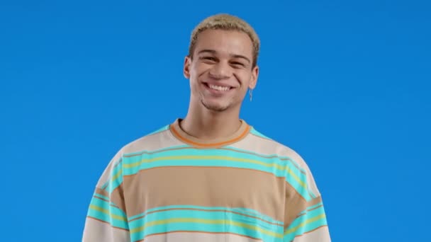 Handsome Man Striped Wear Blue Background Mixed Race Guy Looking — Stock Video