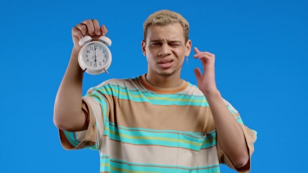Woken Alarm Clock Sleepy Man Holding Hand Blue Background Early — Stock Video