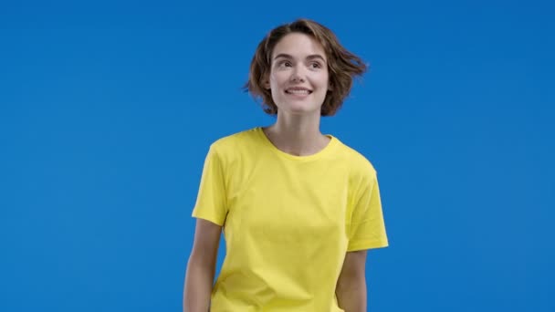 Surprised Woman Open Mouth Blue Background Pretty Lady Gesture Shhh — Stock Video